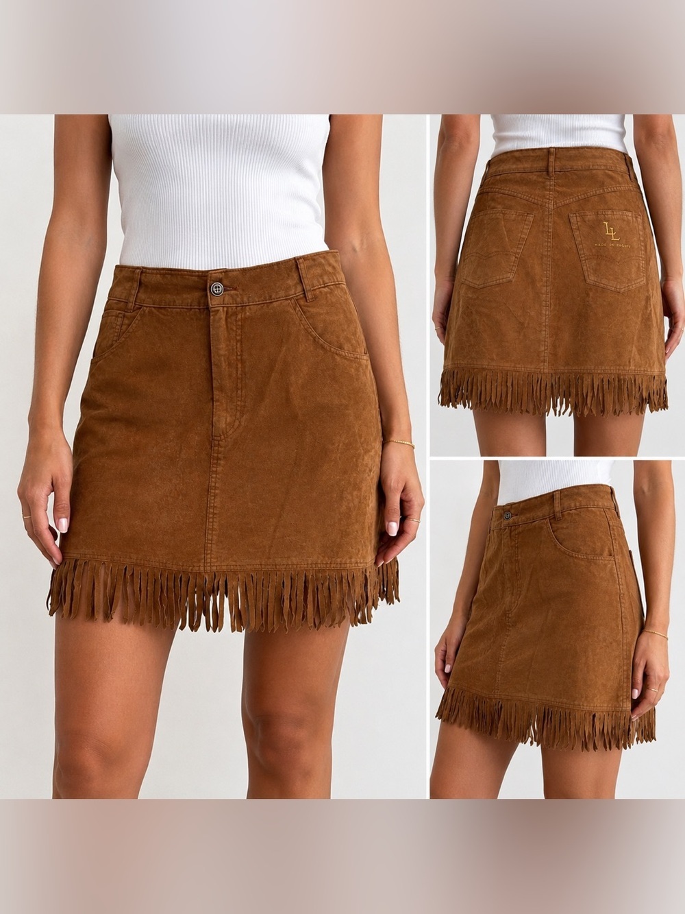 Lola Lorca Faux Suede Fringe Mini Skirt Brown Tan Size M